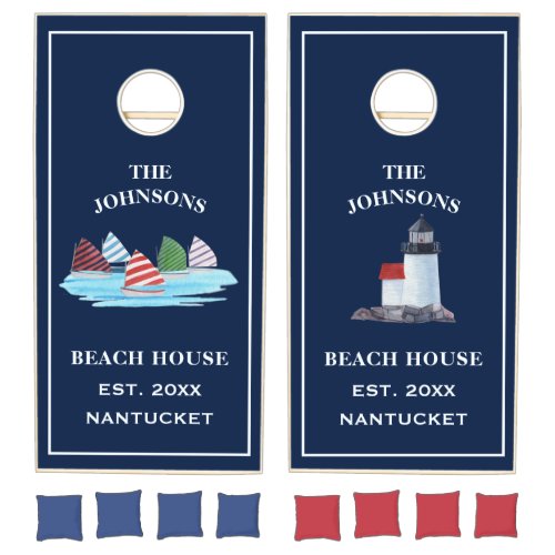 Coastal Navy Nantucket Beach House Family Name Cornhole Set