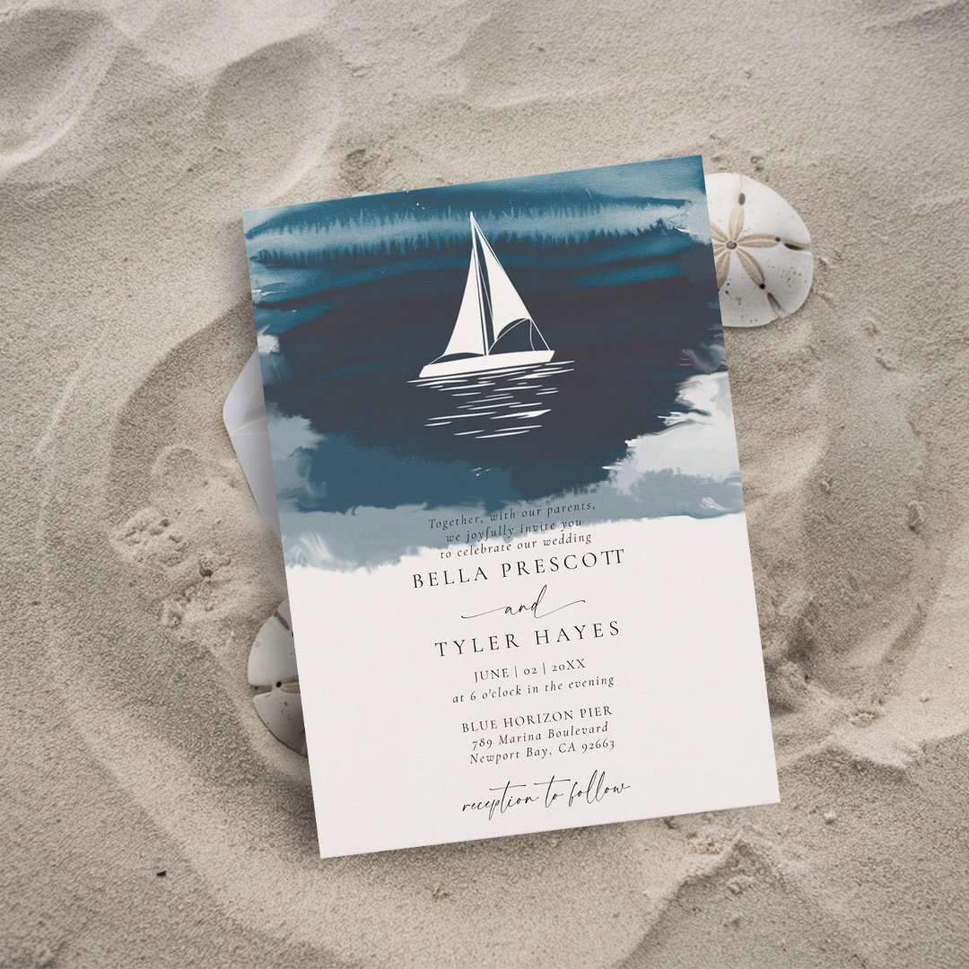 Coastal Navy Ocean Beach Sail Boat Elegant                    Wedding Invitation