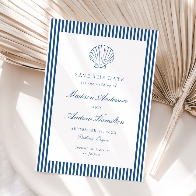 Coastal Navy Stripe Shell Wedding Save the Date (Creator Uploaded)