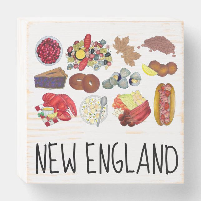 Coastal New England Foods Northeast America USA Wooden Box Sign (Front Horizontal)