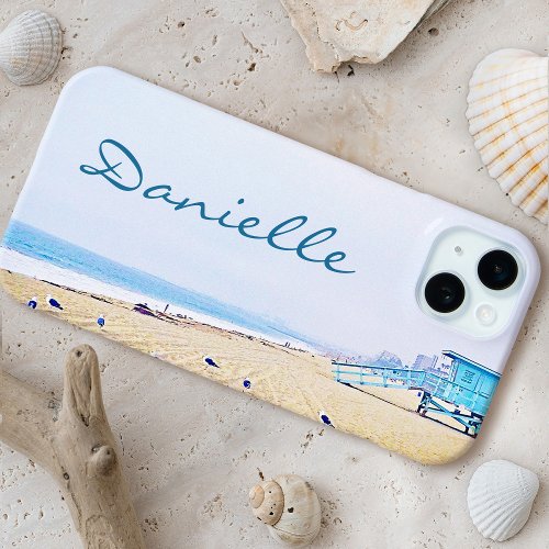 Coastal Ocean Beach Seagulls Photo Custom Name iPhone 15 Plus Case