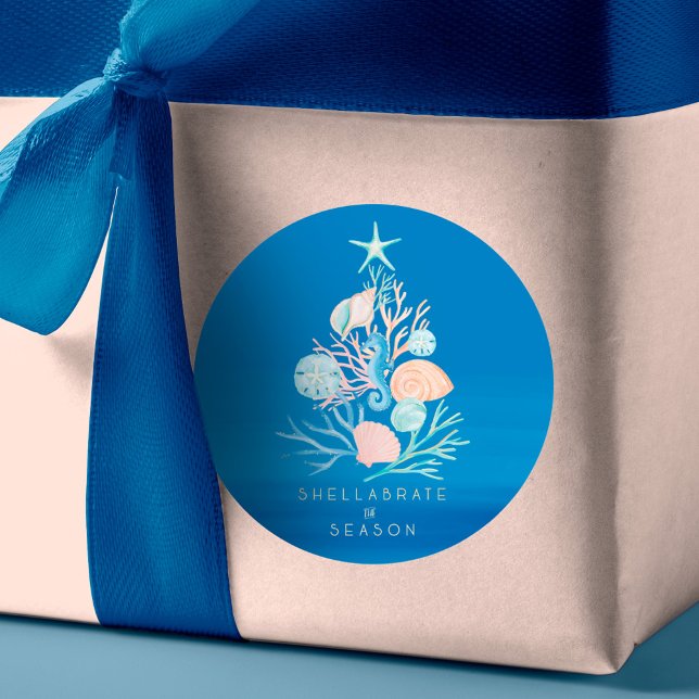 Coastal Ocean Beach Seashell Christmas Tree Classic Round Sticker (Coastal Ocean Beach Seashell Christmas Tree Classic Round Sticker)