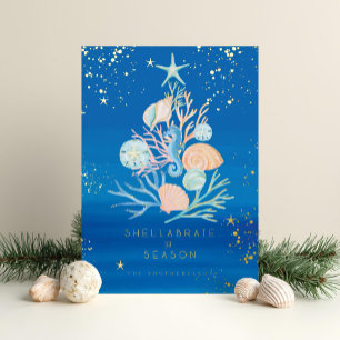 Coastal Ocean Beach Seashell Christmas Tree Foil Holiday Card