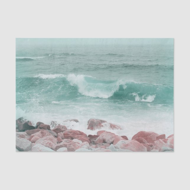 Coastal Ocean Beach Waves Teal White Nautical Tissue Paper (Front)