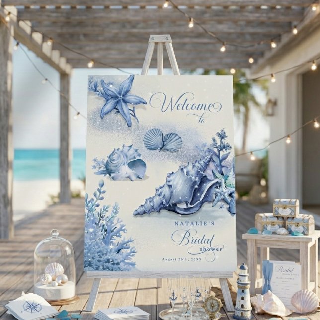 Coastal Ocean Blue Seashell Bridal Shower Welcome Foam Board (Coastal Ocean Blue Seashell Bridal Shower Welcome Foam Board)