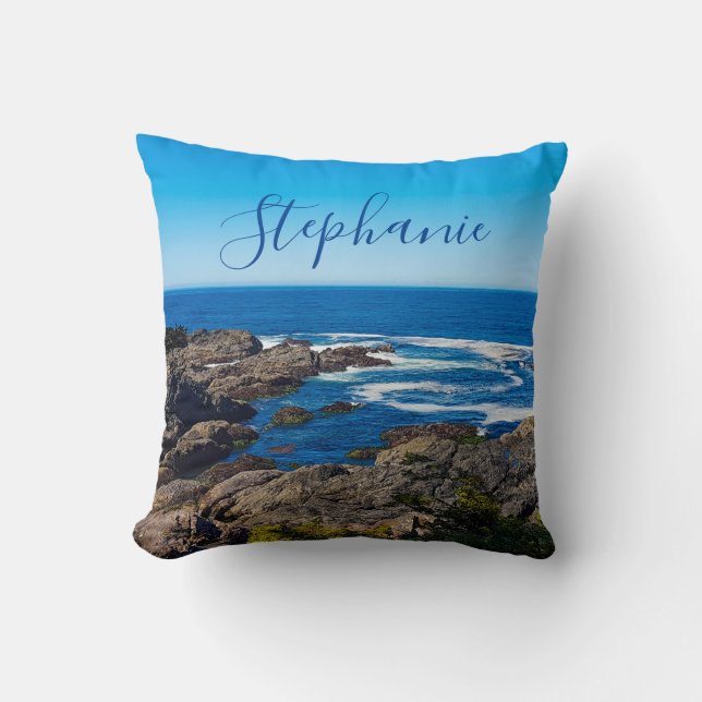 Coastal Ocean Blue Waves Rock Shore Personalized Throw Pillow (Front)