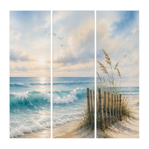 Coastal Ocean Canvas Print | Watercolor Beach Wave Triptych