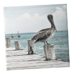 Coastal Ocean Pelican Ceramic Tile<br><div class="desc">This beautiful shot features a brown pelican and its natural surroundings including a blue ocean and distressed wood path. Whether you want to use this tile as a little coaster or trivet for a drink or plate... or you want to go big with a kitchen backsplash or bathroom tile, is...</div>