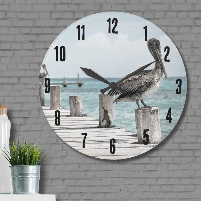 Coastal Ocean Pelican Large Clock (Beautiful Brown Pelicans Ocean Coastal Beach Large Clock)