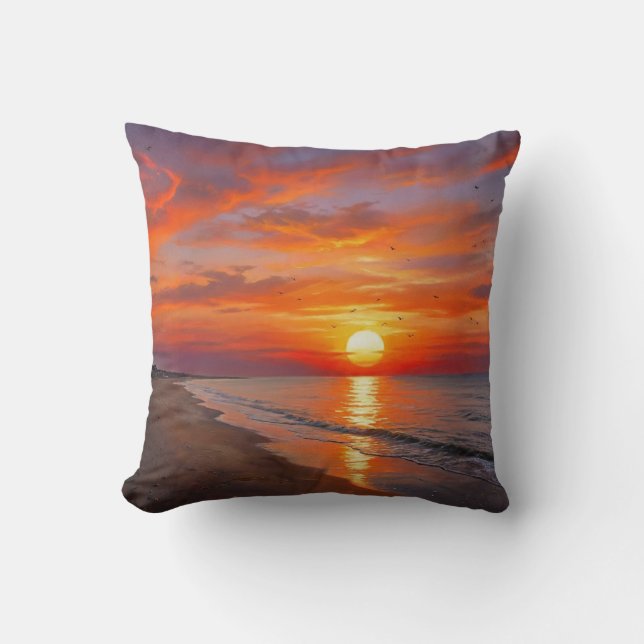 Coastal Ocean Purple Orange Sunset Throw Pillow (Front)
