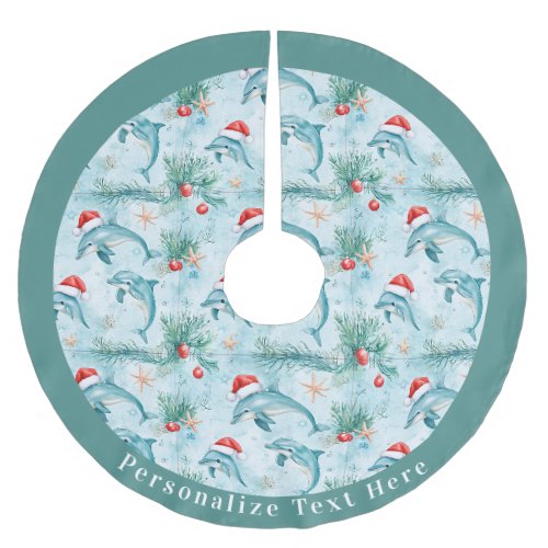 Coastal Ocean Santa Dolphin Holiday Personalize Brushed Polyester Tree Skirt