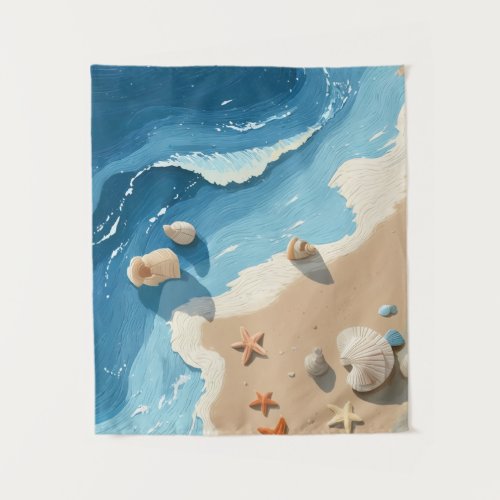 Coastal Ocean Waves & Seashells Beach Wall Tapestr Tapestry