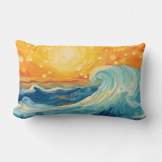 Coastal Oil Painting Sun and Waves Lumbar Pillow (Front)