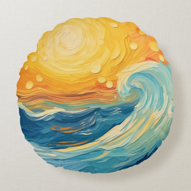 Coastal Oil Painting Sun and Waves Round Pillow (Front)