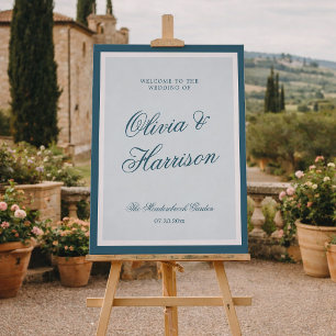 Coastal Old Money Blue Border Wedding Welcome Sign