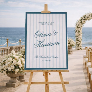Coastal Old Money Blue Stripe Wedding Welcome Sign
