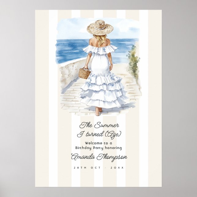 Coastal Old Money Summer Birthday Party Welcome Poster (Front)