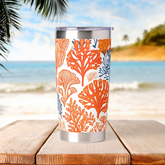 Coastal orange coral pattern insulated tumbler (Beach)