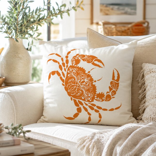 Coastal Orange Crab Beach House  Throw Pillow (Creator Uploaded)