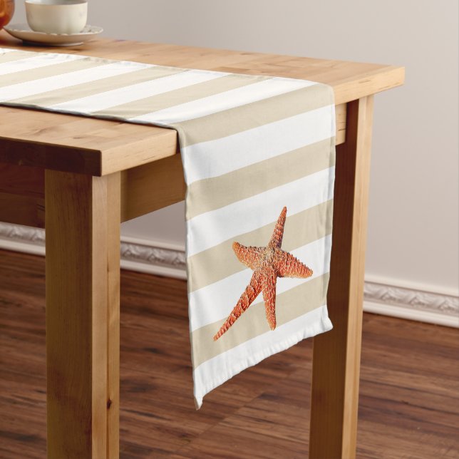 Coastal Orange Starfish & Sandy Stripes Medium Table Runner (In Situ)