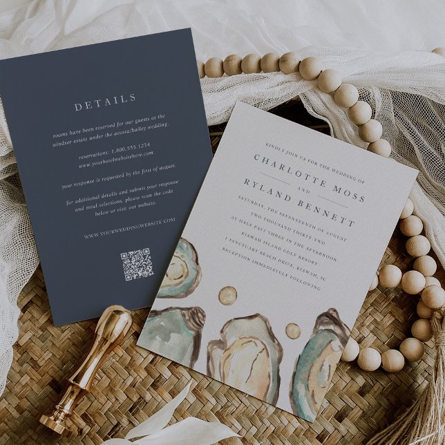 Coastal Oyster All in One QR Code Wedding Invitation (Double sided coastal wedding invitation)
