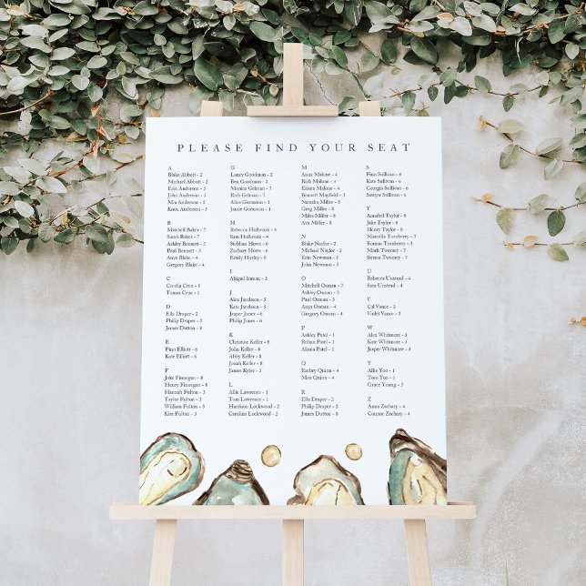 Coastal Oyster Alphabetical Wedding Seating Chart Foam Board (Coastal oyster alphabetical seating chart)