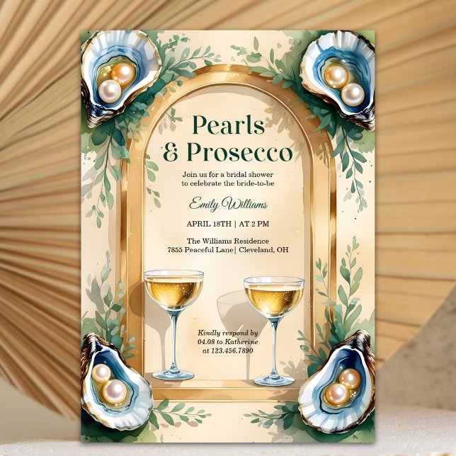 Coastal Oyster Pearls & Prosecco Bridal Shower Invitation (Pearls & Prosecco Bridal Shower – Coastal Oyster, Champagne Coupes, Gold Arch, Personalized)