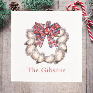 Coastal Oyster Wreath Plaid Bow Personalized Napkins