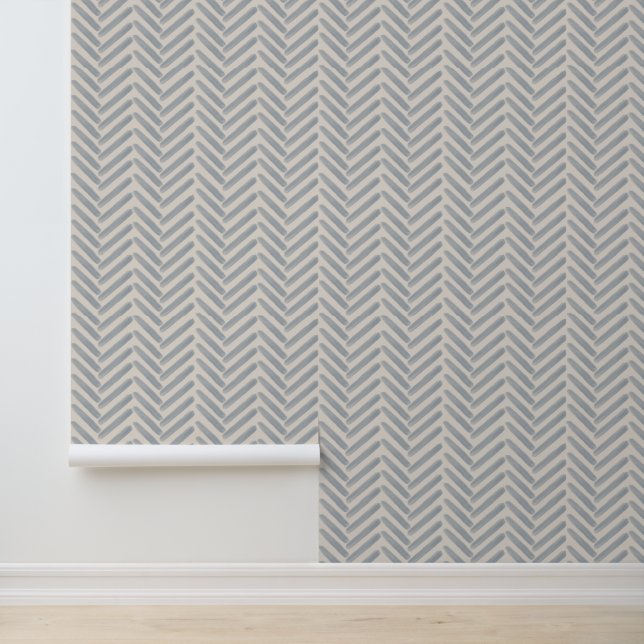 Coastal Painterly Herringbone Pattern in Mist Blue Wallpaper (Application)