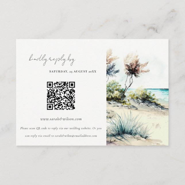Coastal Palm Beach Seascape Wedding QR Code RSVP Enclosure Card (Front)
