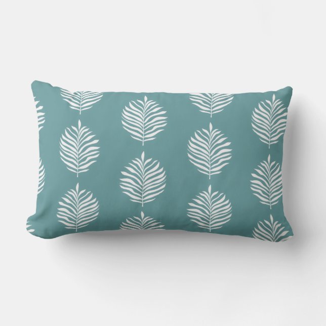 Coastal Palm Leaf Pattern Dusty Turquoise Lumbar Pillow (Front)