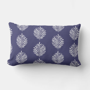 Coastal Palm Leaf Pattern Navy Blue Lumbar Pillow