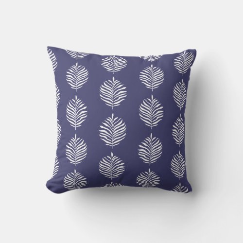 Coastal Palm Leaf Pattern Navy Blue Throw Pillow