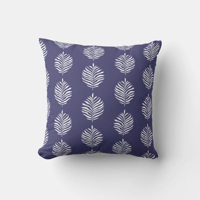 Coastal Palm Leaf Pattern Navy Blue Throw Pillow (Front)