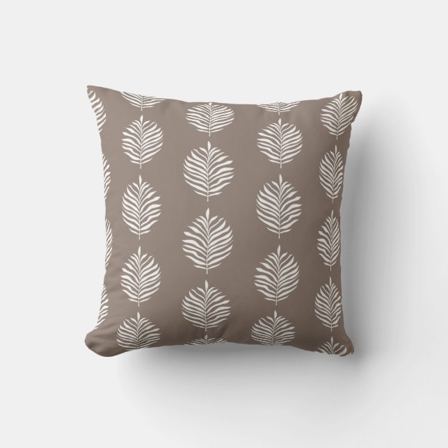 Coastal Palm Leaf Pattern Taupe Gray Throw Pillow (Front)