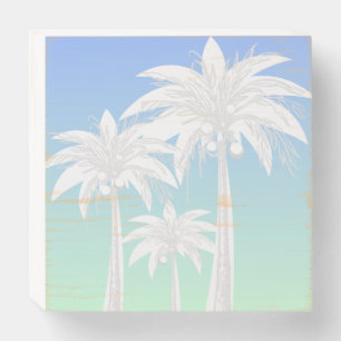 Coastal Palm Tree Blue Green Watercolor Ombre Wooden Box Sign