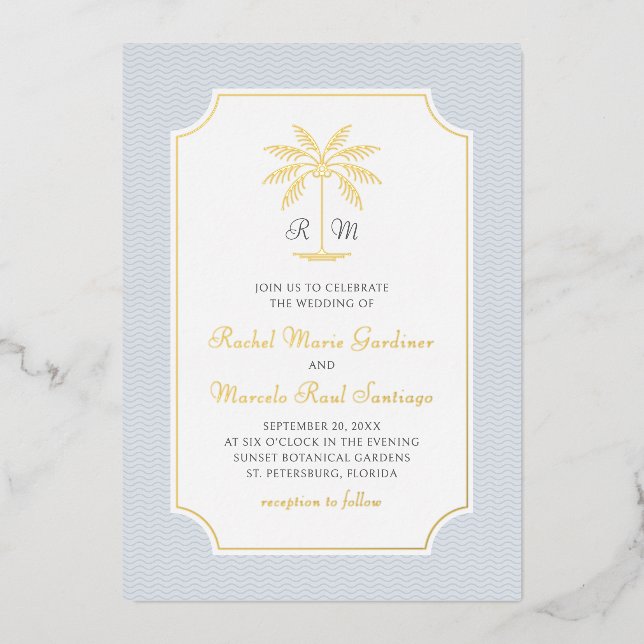 Coastal Palm Tree Minimalist Preppy Wedding Foil Invitation (Front)