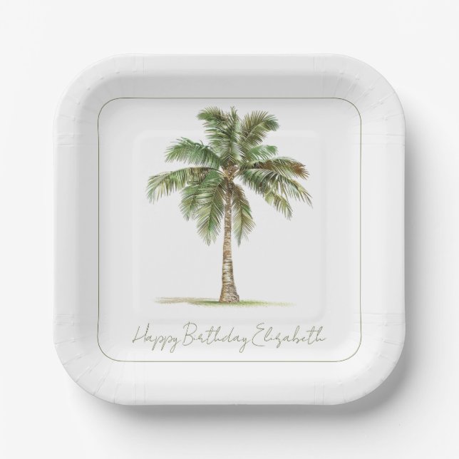 Coastal Palm Tree Personalized Party Paper Plates (Front)