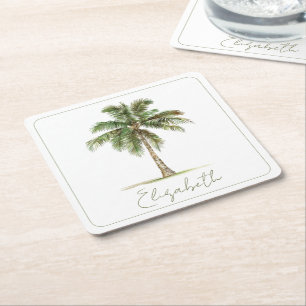 Coastal Palm Tree Personalized Party Square Paper Coaster
