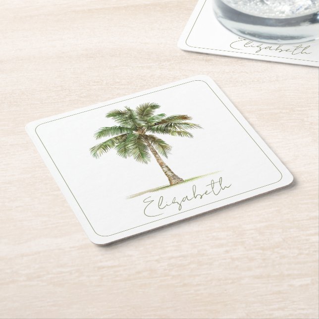 Coastal Palm Tree Personalized Party Square Paper Coaster (Angled)