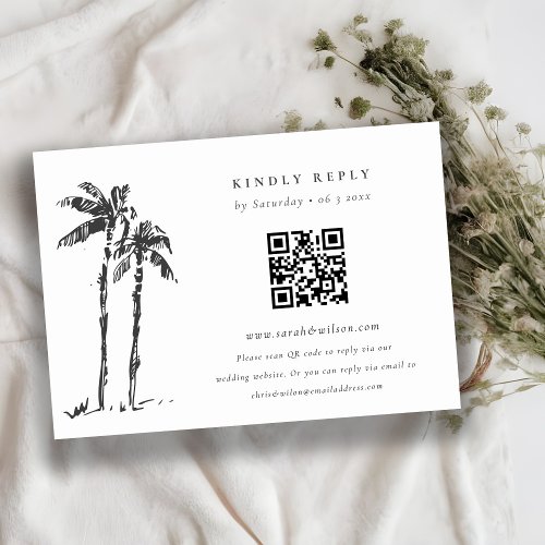 Coastal Palm Tree Sketch Wedding QR Code RSVP Enclosure Card