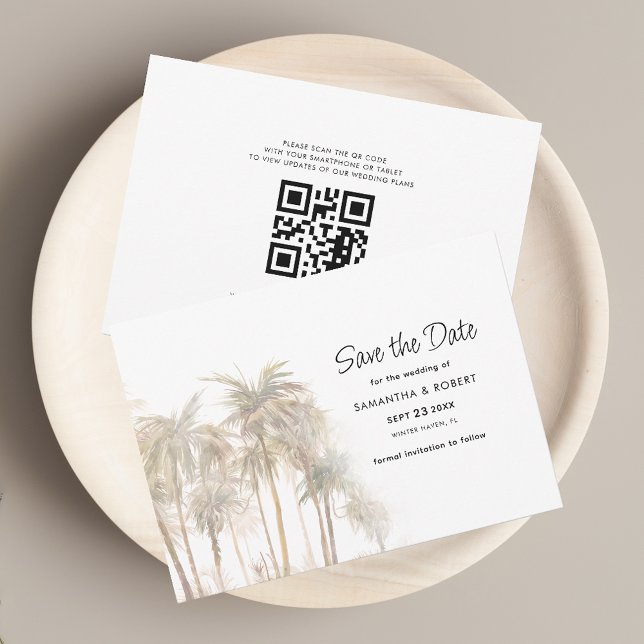 Coastal Palm Trees and QR Code Wedding Save The Date (Palm Trees QR Code Wedding Save the Date Announcement Horizontal Card)