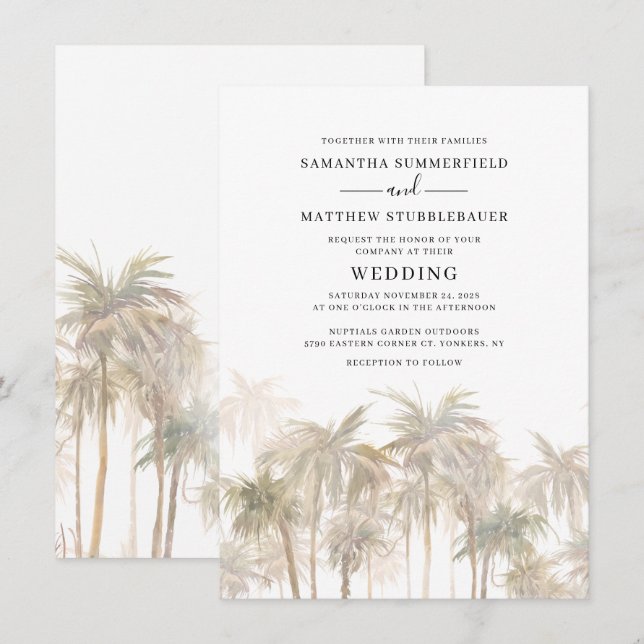 Coastal Palm Trees Modern Watercolor Wedding Invitation (Front/Back)