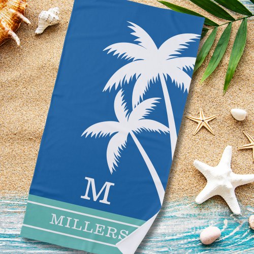 Coastal Palm Trees Monogram Family Name Blue Green Beach Towel