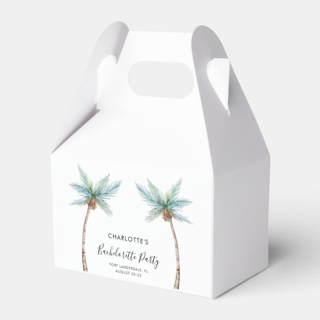 Coastal Palm Trees Script Bachelorette Party Favor Boxes (Front Side)