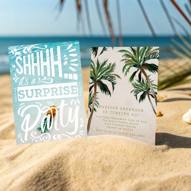 Coastal Palm Trees Surprise Party Beach Birthday Invitation (Creator Uploaded)