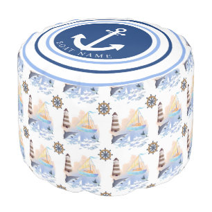Coastal Pattern Navy Blue Anchor w/ sheep name Pouf