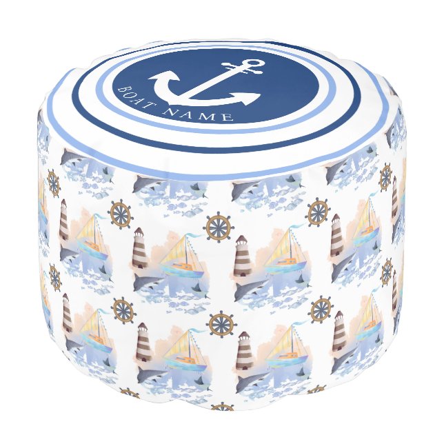 Coastal Pattern Navy Blue Anchor w/ sheep name Pouf (Angled Front)