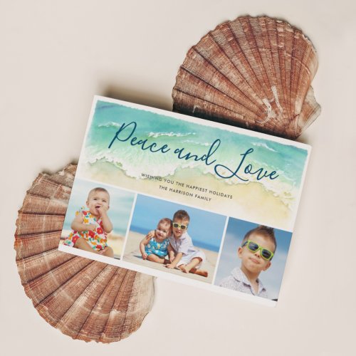 Coastal Peace  Love Three Photos Nautical Holiday Card