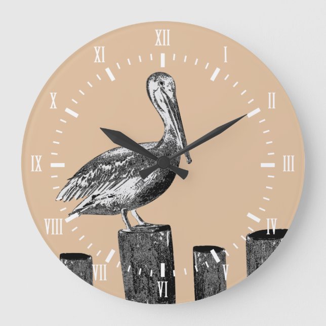 Coastal Pelican Taupe with White Roman Numerals Large Clock (Front)